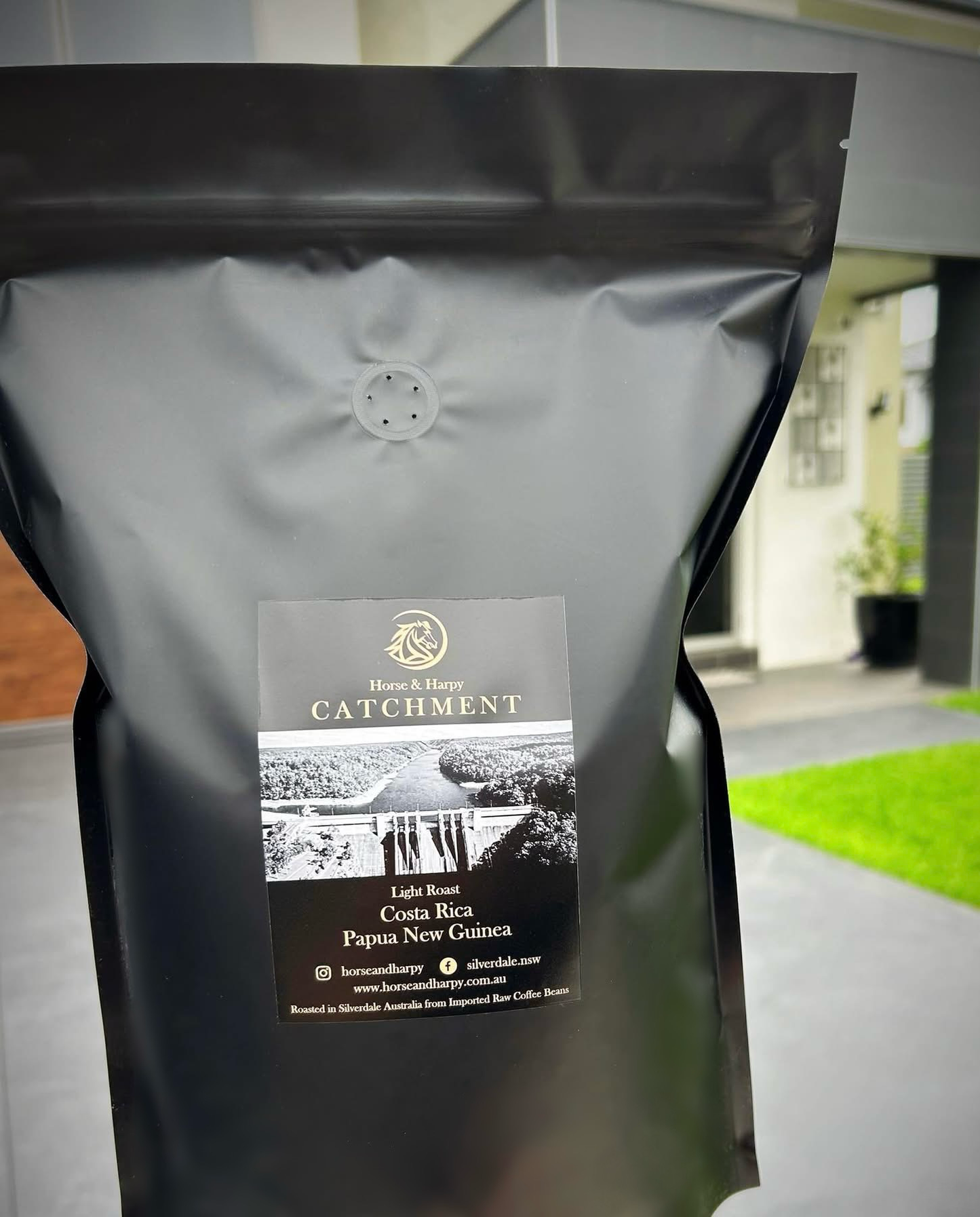 Light roast coffee bag from Horse and Harpy's Catchment Blend, showcasing the packaging with the brand logo and product label.