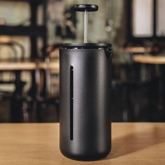 Horse and Harpy Timemore French Press with glass carafe and black handle, ready for brewing coffee.