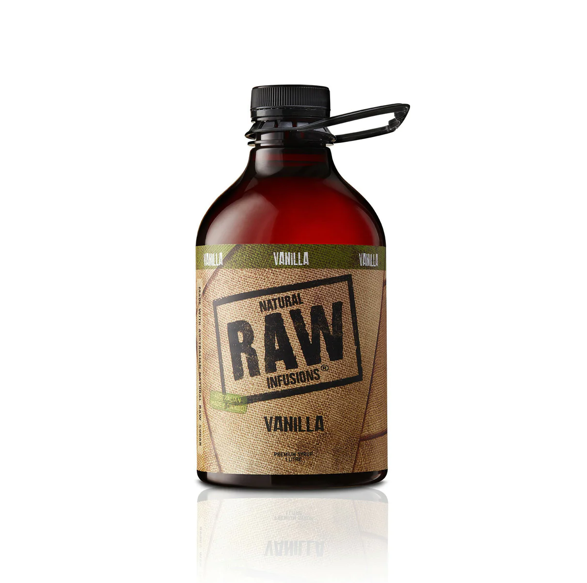 Raw vanilla coffee syrup from Horse and Harpy in a 1-liter bottle, featuring a dark liquid with vanilla bean pieces visible.