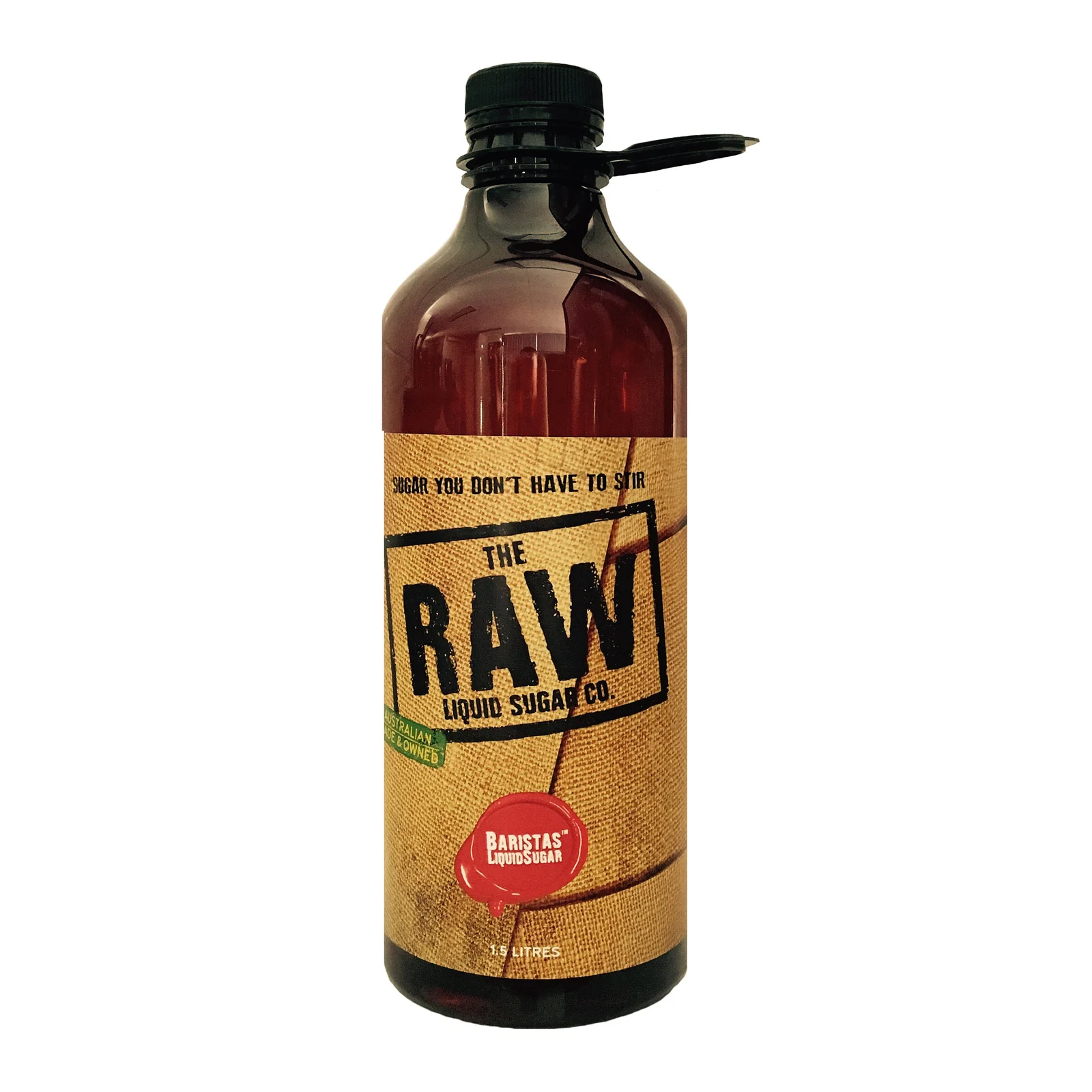 Raw liquid sugar in a 1.5L bottle from Horse and Harpy, showing the clear liquid inside the transparent container.